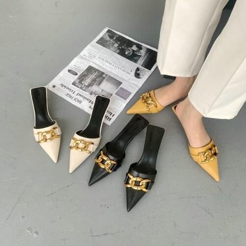 Square Toe Slippers Casual Med Shoes Mules For Women 2021 Slides Thin Heels Loafers Pantofle Cover Luxury New Rome PU Fashion Fa