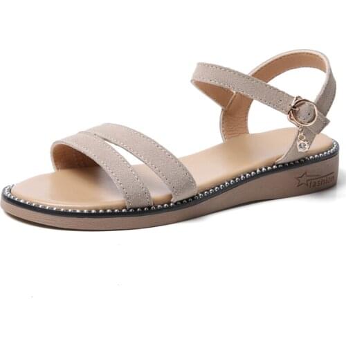 YSHUNIJ Cow Suede Leather Shoes Women Sandals Welt Crystal Summer Ladies Leather Sandals Flat Woman Beach Sandals Shoes Female