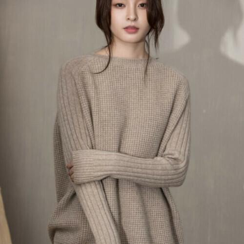 Womens Cashmere Sweater Round Neck Twist Long Sleeve Loose Pullover Sweater Solid Color Fashion Casual