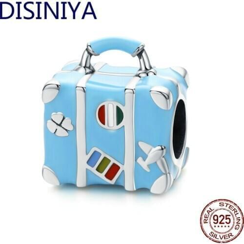 925 Sterling Silver Blue Enamel Suitcase Metal Bead fit Women Jewelry Making Original Silver Bracelet DIY Jewelry SCC261377