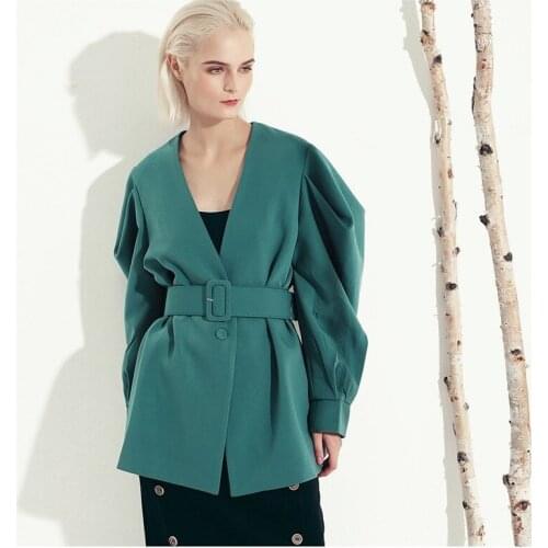 Spring Slim Office Lady Bat Sleeve Blazer Jacket Women Tops Belt Single Breasted Suits Coat Women Clothes Elegant Coats Female