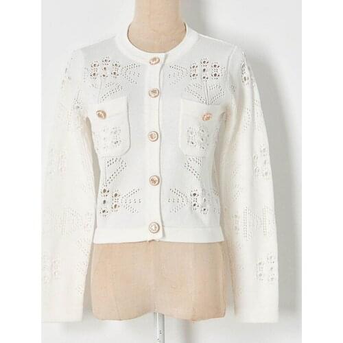 Sexy Luxury Hook Flower Hollow Double Pockets O-Neck Women Cardigan Top+Ruffles Mini Skirt Set 2021 Runway Buy Separately