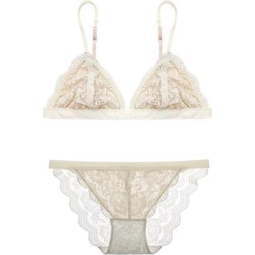 French Lingerie Womens Large Breasts Show Small Ultra-thin Sexy Lace Steel Ring Triangle Cup Beauty Back Bra Set Summer