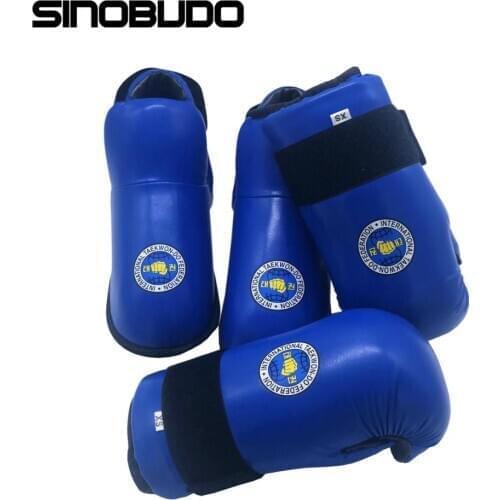 1Set New ITF Taekwondo Foot Ankle Guard Protector Hand Protector Kickboxing Boot Gloves ITF Martial Arts Sparring Gear Karate