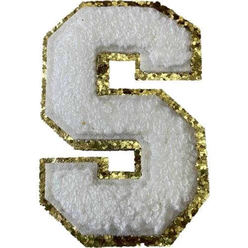 1Ps White Chenille Patch English Gold Glitter Letters For Clothing Alphabet Iron On Embroidery Sticker Sew Accessories DIY Patch