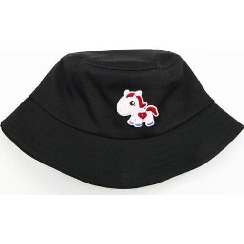 2021 Cartoon Horse Embroidery Cotton Bucket Hat Fisherman Hat Outdoor Travel Hat Sun Cap Hats for Men and Women 241