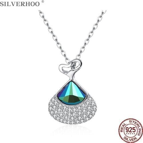 SILVERHOO 925 Sterling Silver Unique Heart Pendant Necklace Fanshaped Austria Crystal Fine Jewelry New Design Women Chains 2020