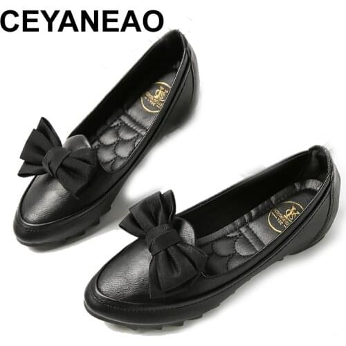 CEYANEAOcomfy moccasins women pointed toe bow flats soft bottom height increasing slip on loafers female casual bowtie shoes big