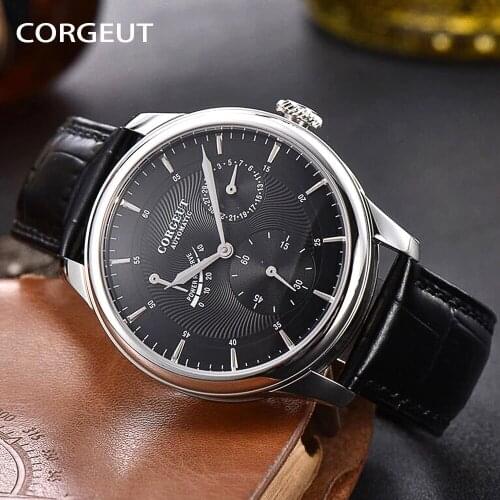 CORGEUT Luxury Men Military Automatic Wristwatch Mechanical Watch Black Leather Band Sport Waterproof Clock Relogio masculino