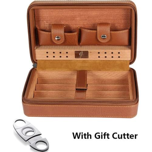 Cedar Wood Cigar Humidor Travel Portable Leather Cigar Case Cigars Box With Cutter Humidifier Humidor Box For COHIBA