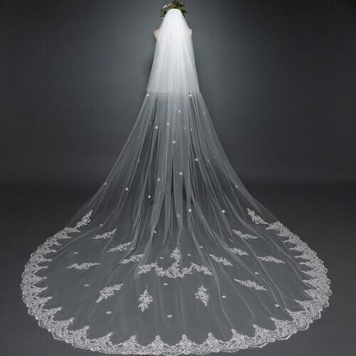 2021 New High Quality Bridal Veils 3.8m Pure White Lace Flower One-layer With Insert Comb Bridal Wedding Veil Voile Mariage