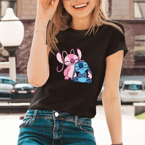 Korea Style Women T-shirt Fashion Black White Tees Harajuku Tshirts Kawii O-Neck Disney Lilo & Stitch Cute Printing Causal Loose