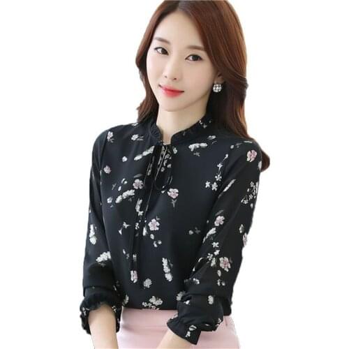 Gowyimmes New Autumn Women Print Chiffon Blouse Sweety Girl Floral Puff Sleeve Shirt Lady Bow Tie Blusas Basic Tops Bottoms 058