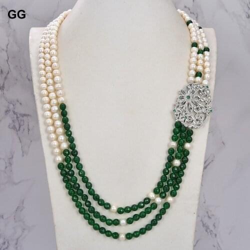 GuaiGuai Jewelry 30"-33" White Pearl Green Jade Necklace CZ Pendant