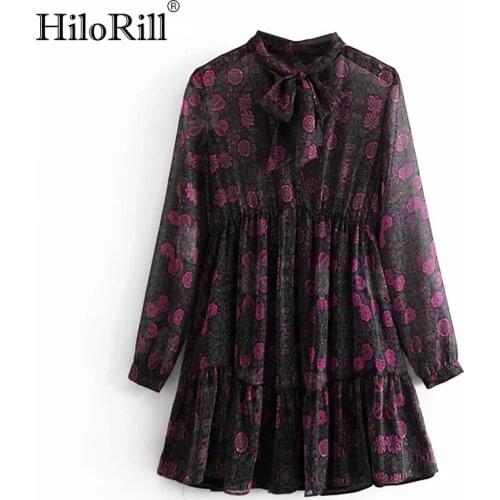 HiloRill Elegant Print Mini Dress Summer Autumn 2021 Bow Neck Boho Floral Chiffon Dress Lady Casual Long Sleeve Pleated Dresses