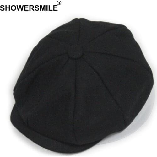 SHOWERSMILE Black Grey Wool Hat Man Newsboy Caps Herringbone Tweed Warm Winter Octagonal Hat Male Female Gatsby Retro Flat Caps