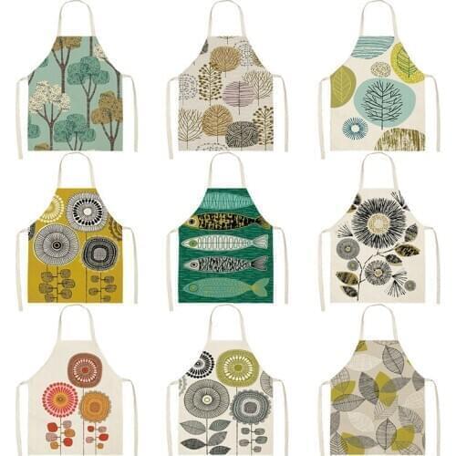 Tropical Leaves Kitchen Apron for Women Home Cooking Baking Coffee Shop Creative Flower Cotton Linen Cleaning Aprons