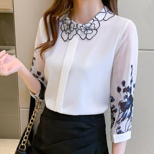 Summer Flower Chiffon blouse shirt 2021 New Womens fashion Office lady Printed Tops 3/4 sleeve Casual clothing