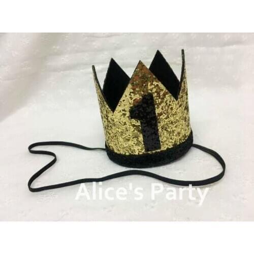 Hot Custom Gorgeous Glitter Gold Black 1 Silver 1st Birthday Party Medium,Shining Prince Party Crown Hat Decoration Photo props