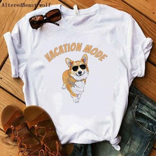 Vacation Mode Sunglasses Corgi Dog Cool Corgi Print T-Shirt Summer Women T-shirt O-neck Cartoon Casual Tops Cute Tees Female
