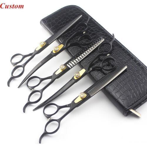 Custom 6 kit japan 440c 7'' black pet dog grooming hair scissors curved cutting shears thinning barber hairdressing scissors set