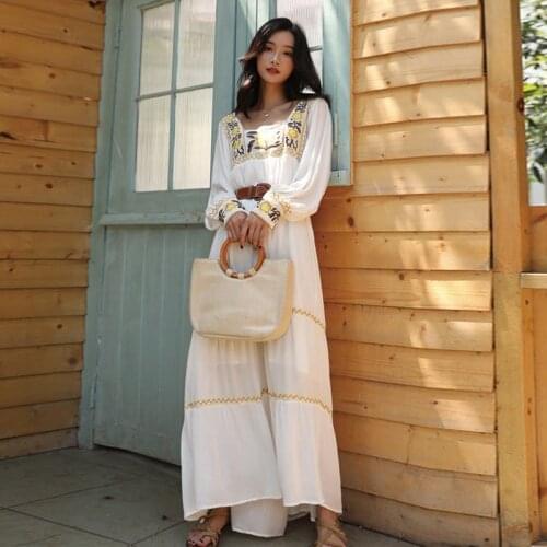 2020 summer new womens dress Korean version dress retro embroidery long style dress Bohemia tourism holiday beach dress