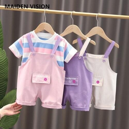 2021summer Kid Girl Clothing New Casual suit Short sleeve stripe T-shirt +Overalls 2pcs/Sets Infant Baby Clothes 1 2 3 4 5Years