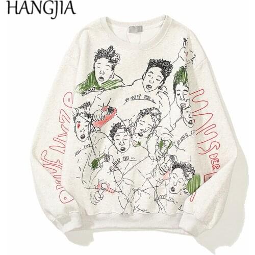 Autumn and Winter Character Print Plus Velvet Sweatshirts Pullovers Hip Hop Streetwear Hand-painted Graffiti Sweatshirts Hoodies