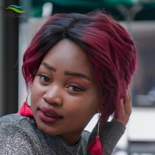 Ombre Burgundy Human Hair Wigs Short Straight Natural Color 150% Density Human Hair Wig for Women Free Shipping