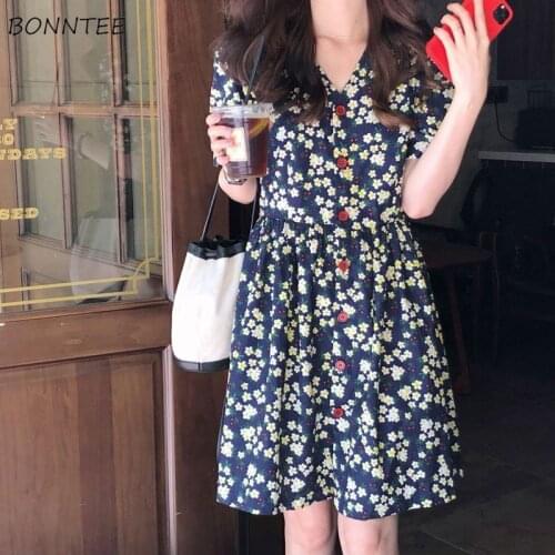 French Dresses Women Summer Floral V-neck Holiday Popular Empire Korean Style Office Lady Loose Cozy Casual Knee-length Mujer