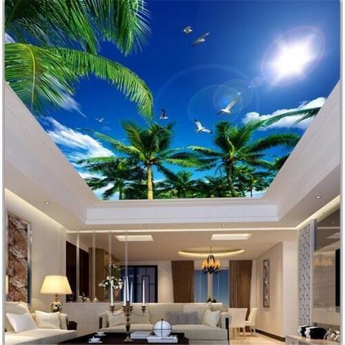 Custom Wallpaper 3D Coconut Blue Sky White Clouds Seagull Ceiling Wallpaper Zenith Living Room restaurant Papel de parede обои