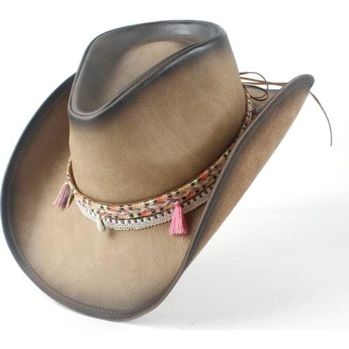 Retro Unisex Vintage Wide Brim Leather Cowboy Cowgirl Western Hat With Tassel Braid Leather Band Size 58-59CM