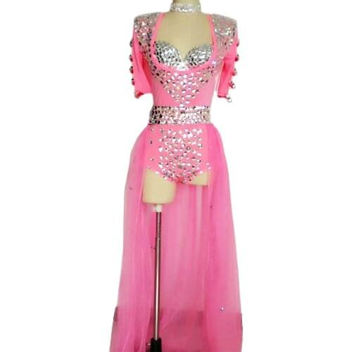 Pink Three-Piece Suit Handmade Sparkling Rhinestones Gauze Floor-Length Decoration Bodysuit Women Nightclub Dance Stage Wear