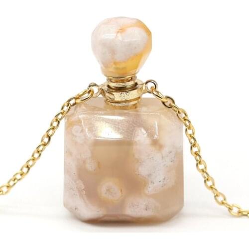 Light Yellow Gold Color Square Shape Cherry Agates Pendant Link Chain Necklace Lapis Lazuli Perfume Bottle Jewelry