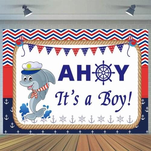 Pirate Theme It is a Boy Party Photo Backdrops Blue Navy Hat Little Dolphin Newborn Gender Reveal Celebrate Poster Backgrounds