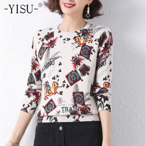 YISU Spring Women Sweater O-Neck Animal Printing Spring top All-match Simple Fashion Female Jumper Loose Casual Knitted pullover