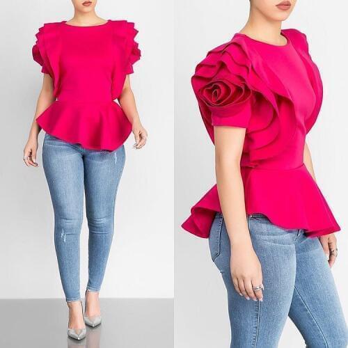 2018 Summer Fashion Women T-shirts O-neck Short Sleeve Layered Flower Petal Sleeve Peplum Shirt Cute Plus Size Tops Blusa