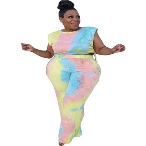 Women Clothing Fashion Round Collar Plus Size 4xl Casual Tie Dye Drawstring Printing Wide Leg Pants Suit Wholesale Dropshipping