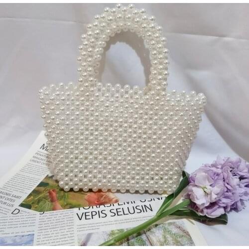 Handmade Oversized Rectangle Pearls Womens Makeup Bag Organizer For Cosmetics Open Beading Evening Handbags