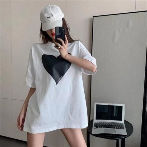 Love Print All-match T-shirt Womens Loose Short-sleeved Mid-length Bottoming Shirt Tops Womens Half-sleeved Oversized T-shirts