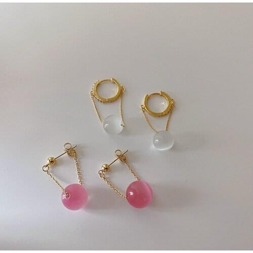 2021 New Vintage Cute Small Pink Color Opal Stone Round Ball Pendant Water Drop Earrings for Women Party Jewelry Gold Plated