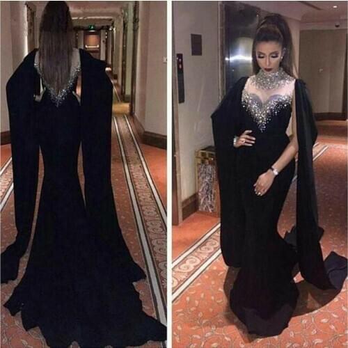 Elegant Dubai Mermaid Long Chiffon Beaded Evening Dresses Floor Length Zipper Back Black Formal Party Dress for Women