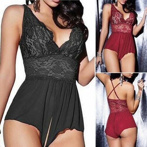 Ladies Women Lace Patchwork Deep V-neck Backless See Through Sexy Lingerie Bodysuit Jumpsuit Nighty Nightwear Under