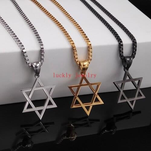 Gold/ Black Stainless steel Religious star of David Pendant with Box chain Necklace 24'' for women men