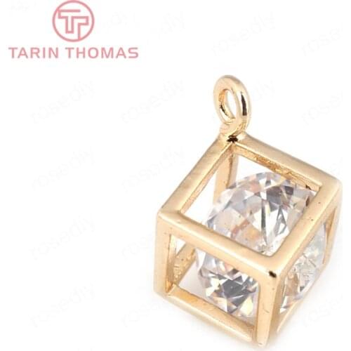 4PCS 7.5MM 24K Champagne Gold Color Plated Brass with Zircon Cube Charms Pendants High Quality Diy Jewelry Accessories