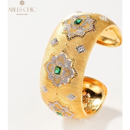 18K Gold Tone Dense Fretwork Engraved Floral Bangle Bracelet Emerald CZ Renaissance Silky Iconic Wedding Wide Cuffs Fine Jewelry