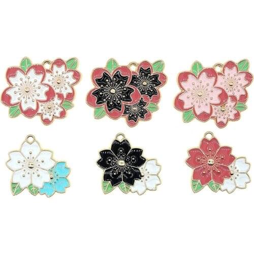 5pcs/lot 29*30mm Cute Enamel Cherry blossoms Two-color Flowers Charms For Earrings Necklace Bracelet DIY Jewelry Making Findings