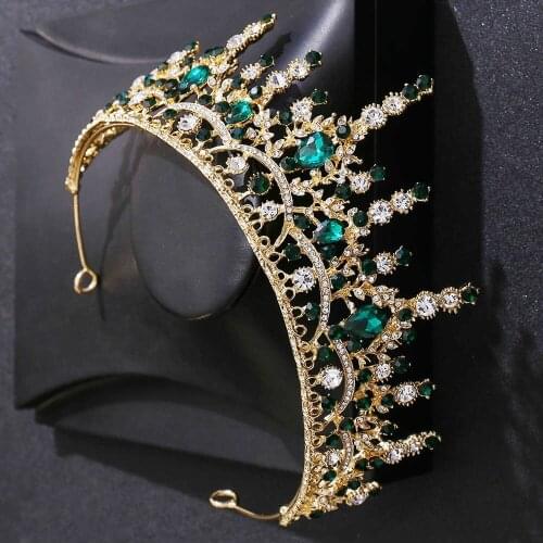 Baroque Royal Green Crystal Bridal Tiaras Crown Rhinestone Pageant Queen Diadem Bride Headbands Luxury Wedding Hair Accessories