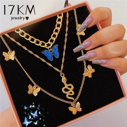 17KM Bohemian Multilayer Snake Butterfly Necklace for Women Fashion Gold Chain Choker Necklaces Gifts Jewelry