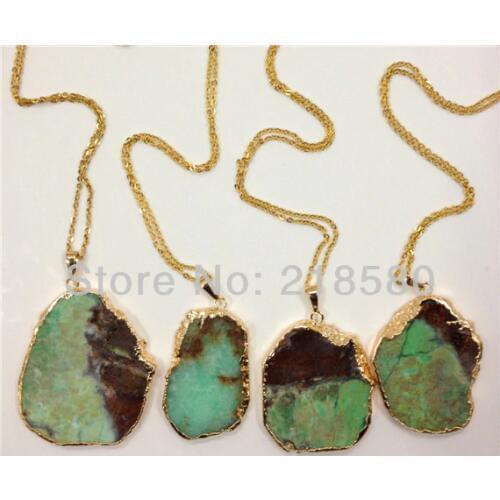 H-QN22 5PCS Free Form Apple Green Chrysoprase Stone Necklace 24K Gold Color